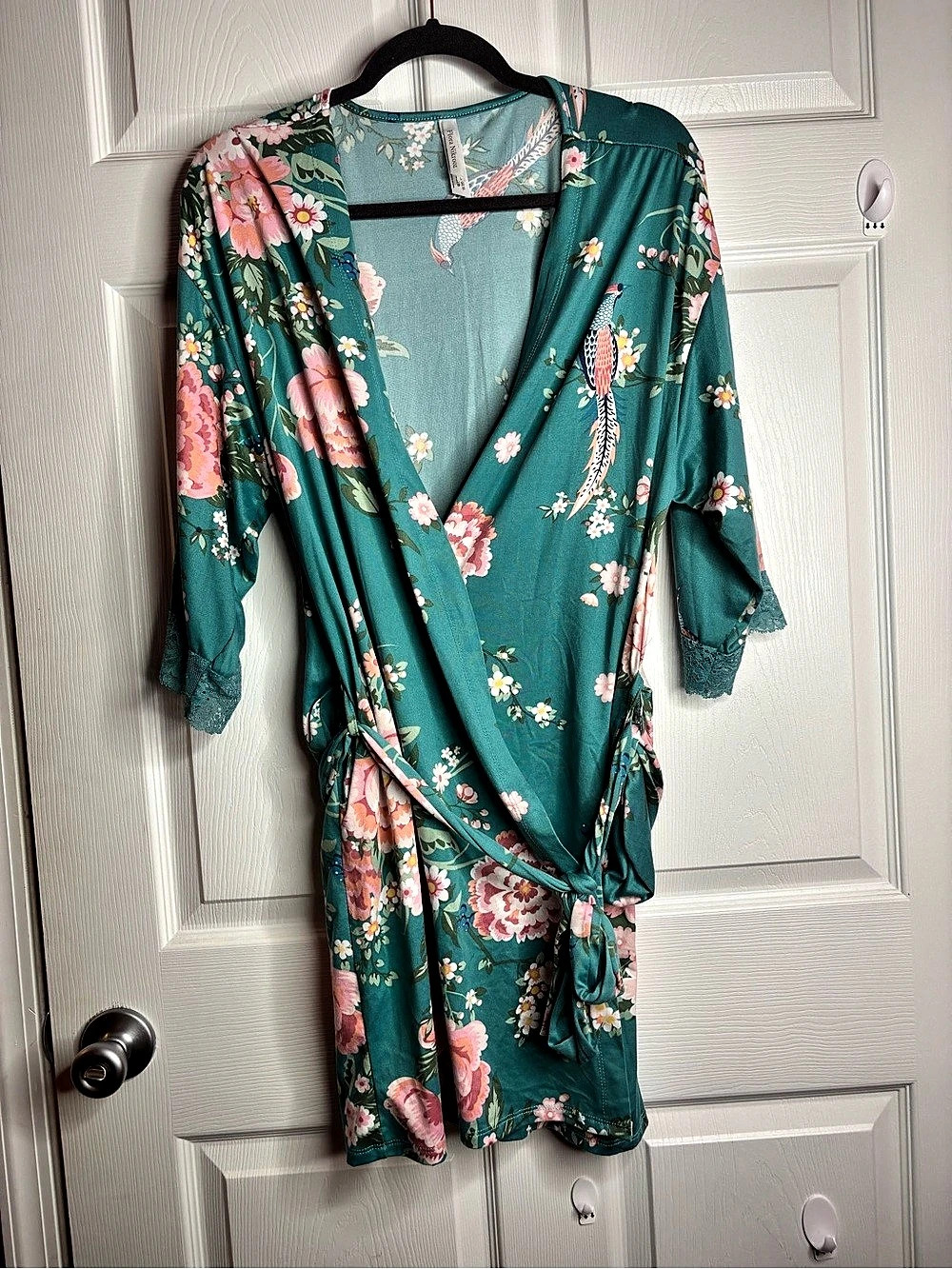Flora Nikrooz Teal Floral Bird Print Wrap Robe Lace Trim Size Small